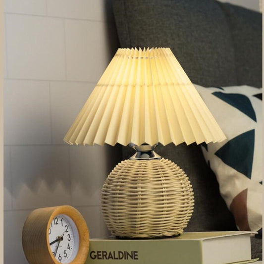 Pleated rattan bedside lamp
